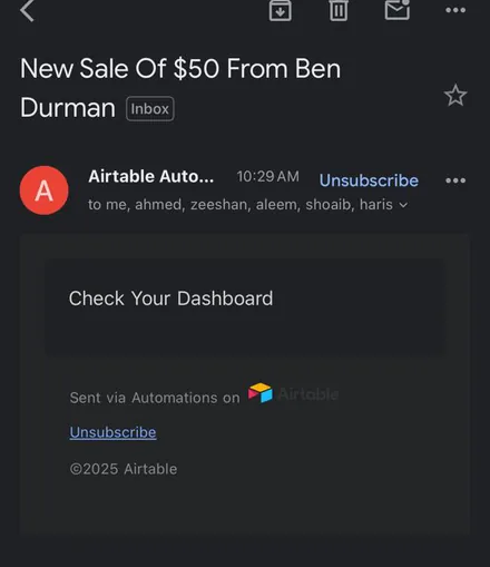 Email notification: New sale of $50 from Ben Durman