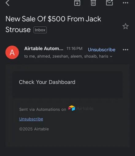 Email notification: New sale of $500 from Jack Strouse