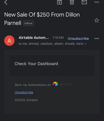 Email notification: New sale of $250 from Dillon Parnell