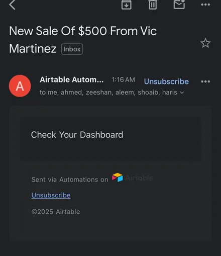 Email notification: New sale of $500 from Vic Martinez