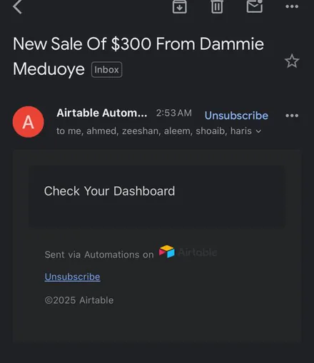 Email notification: New sale of $300 from Dammie Meduoye