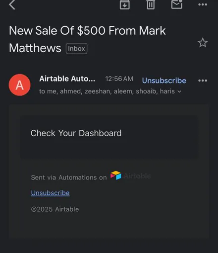 Email notification: New sale of $500 from Mark Matthews